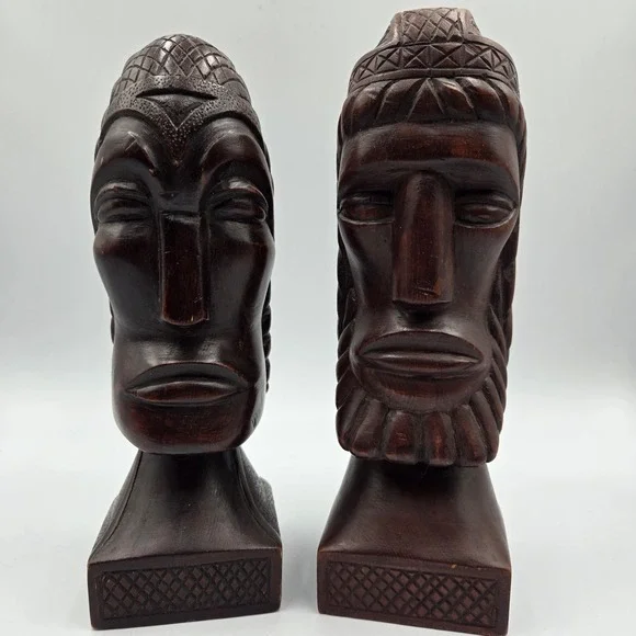 Hand Carved Wood African Tribal Woman & Man Busts 1950s-1960s Statues 9.5 VTG